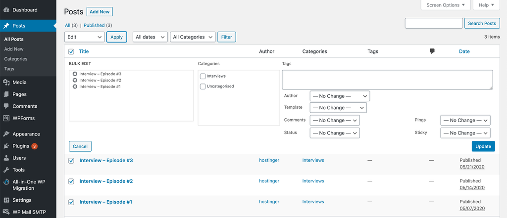 Updating multiple posts in WordPress using the Bulk Actions feature.