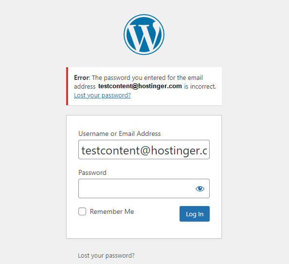 WordPress incorrect password error message