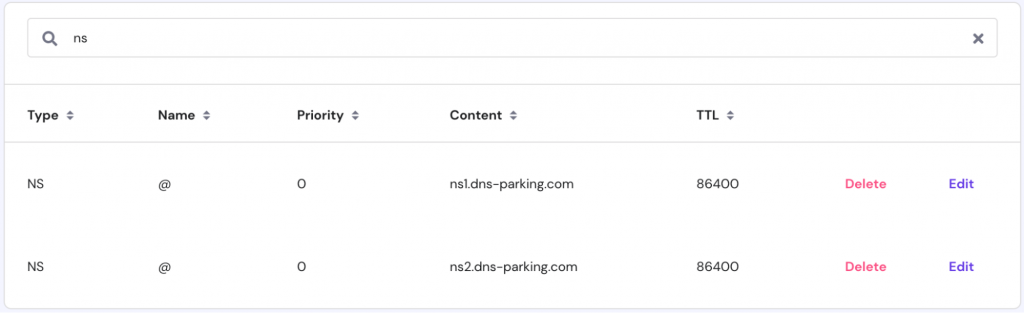 A DNS zone page showcasing search results for NS records
