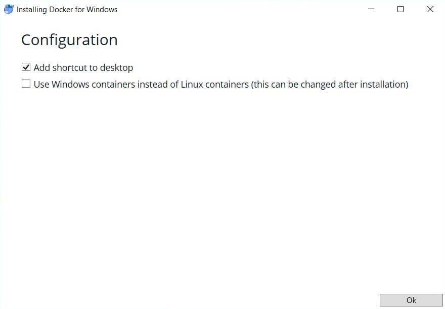 Configuration dialog window for the Docker installation on Windows