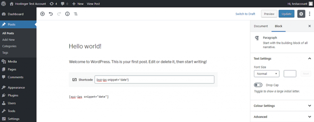 Adding a PHP code to a WordPress post, pasting the snippet shortcode of the function 
