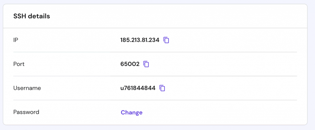 SSH details hPanel