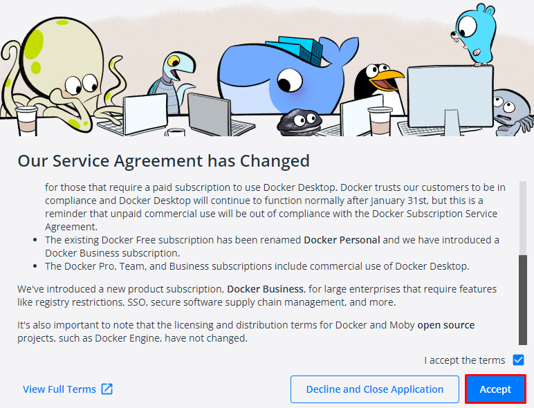 Service agreement step in the Docker installation for macOS