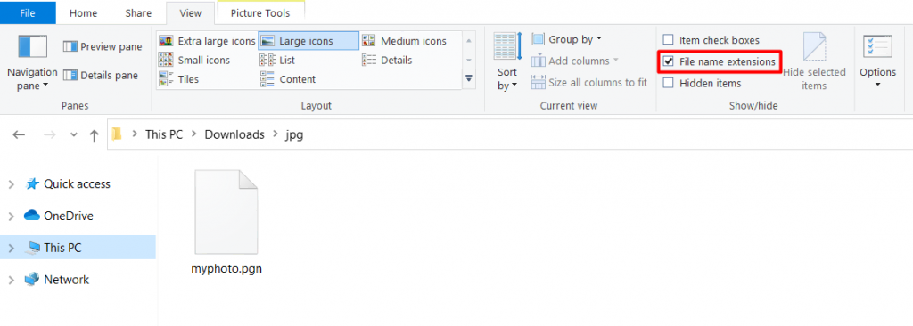 The File Explorer interface on Windows with "File name extensions" highlighted in red