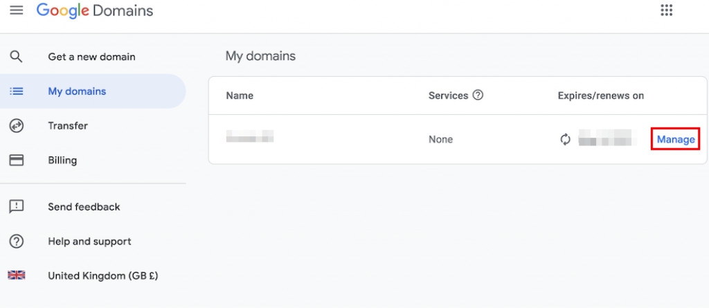 The My domains section on the Google Domains page. The Manage button near a domain is highlighted