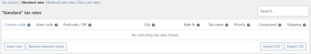 The "Standard tax rates" section on WooCommerce