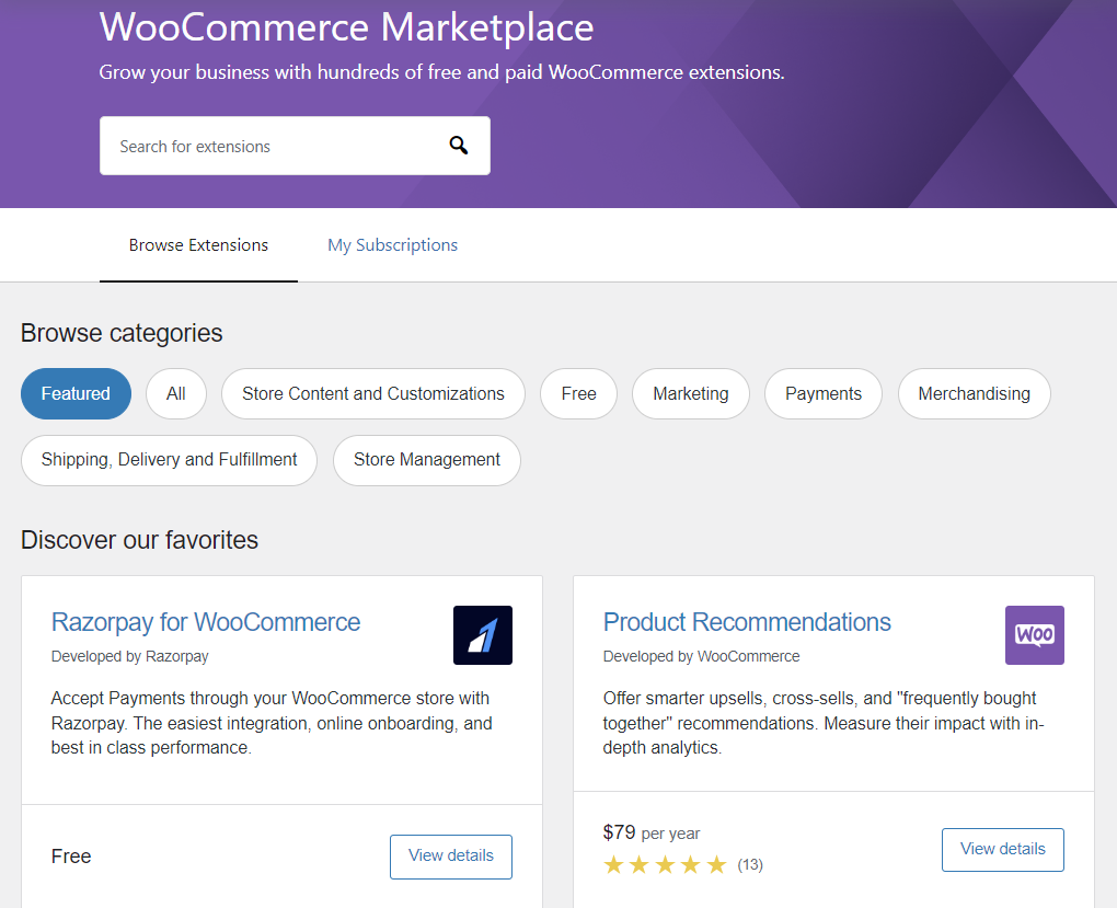 The WooCommerce Marketplace section on WordPress