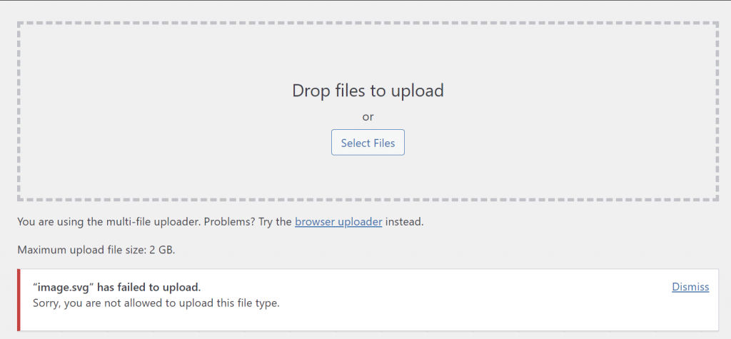 The WordPress multi-file uploader showing the "Sorry, you are not allowed to upload this file type" error message