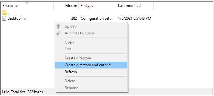 Creating a directory on Filezilla