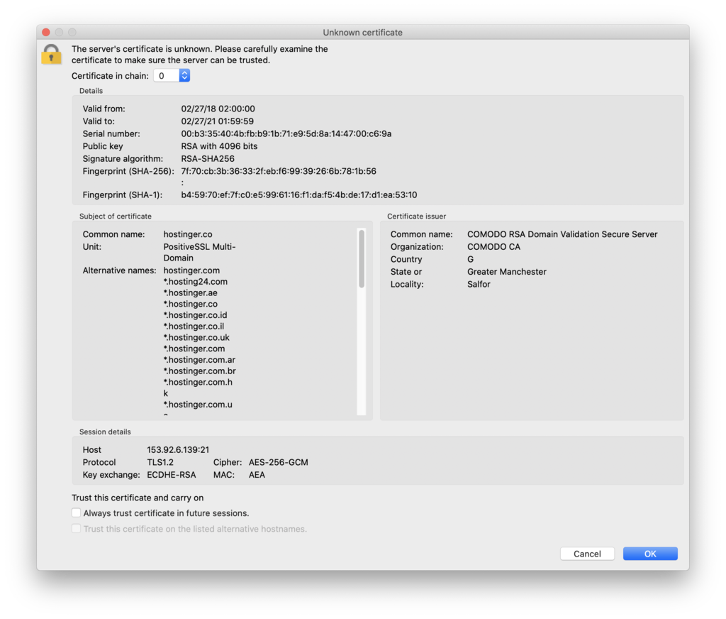 This image shows you the TLS certificate inspection screen in FileZilla