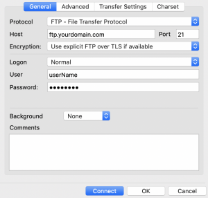 example of how to fill in the details of your new site as a filezilla client