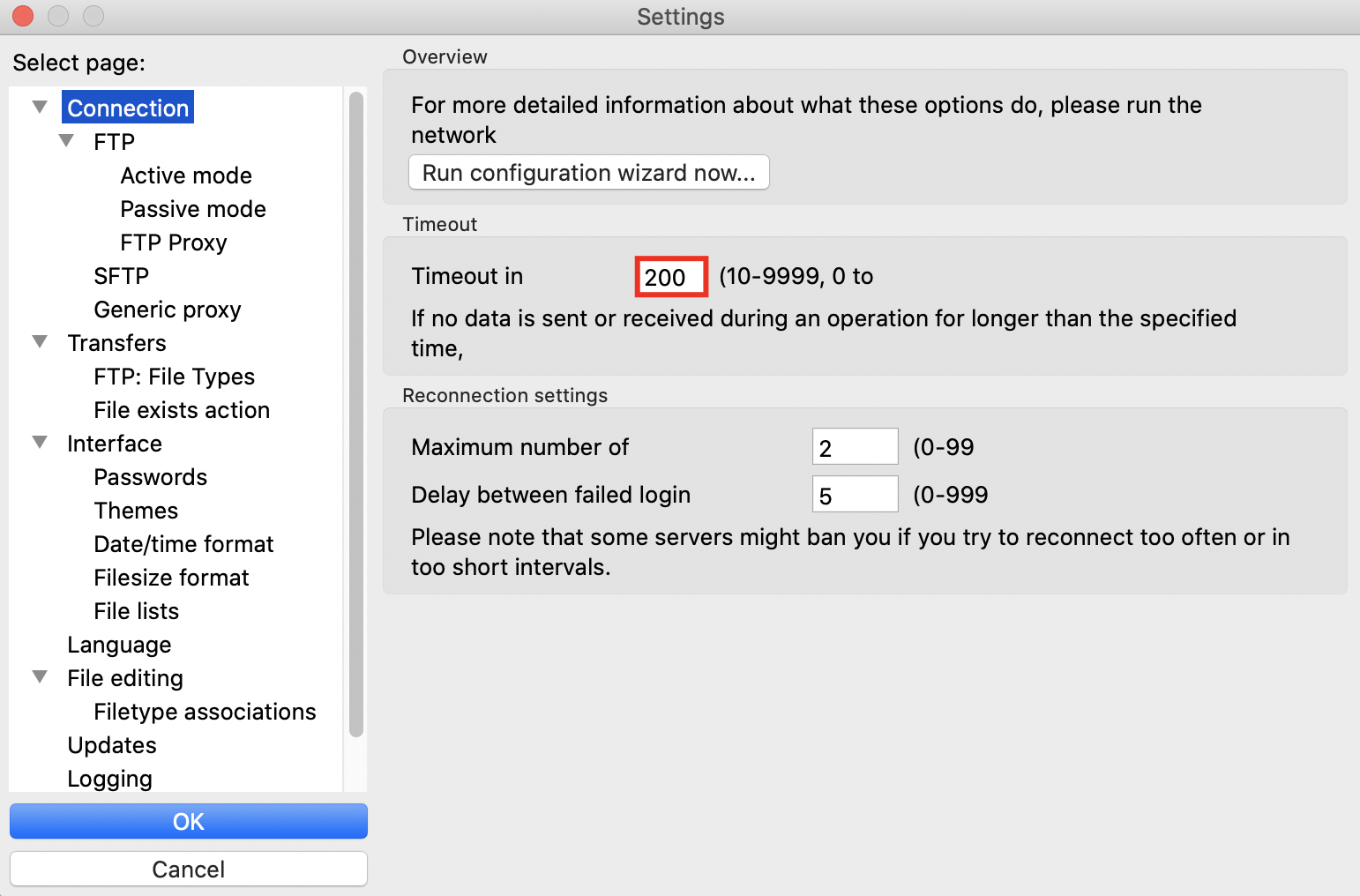 example of filezilla settings page where you can change the time it tries to reconnect to your server