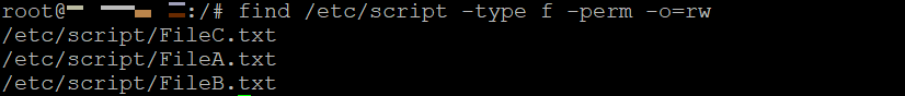 The output of a find command with permission filters in Terminal
