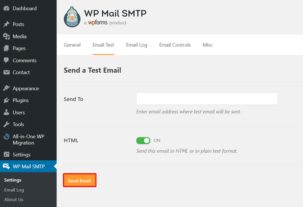Tab uji email pada pengaturan SMTP WP Mail