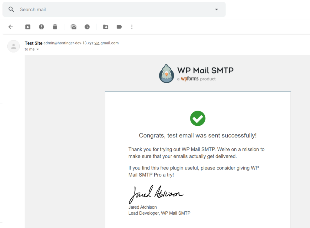 Email uji berhasil dikirim pesan dari WP Mail SMTP