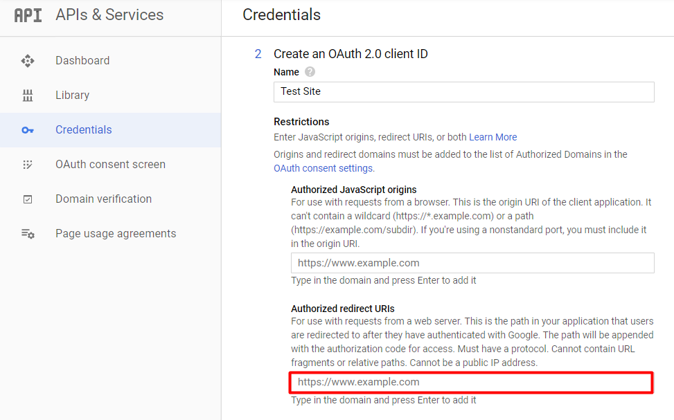 Authorizing redirect URIs on Google API