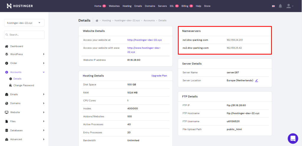 List of nameservers from Hostinger