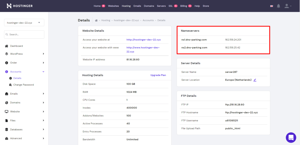 List of nameservers from Hostinger