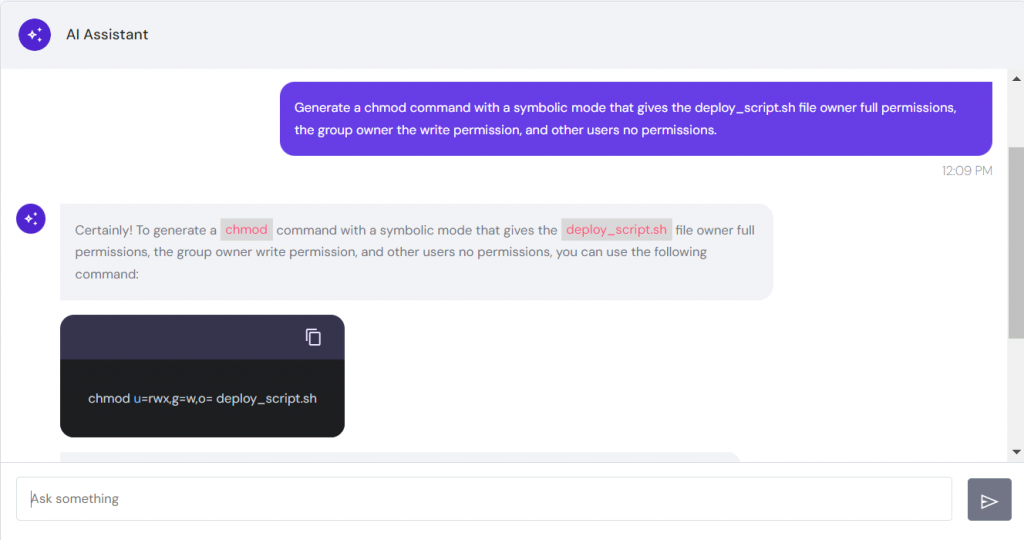 Hostinger VPS AI Assistant provides the user a chmod command for their task