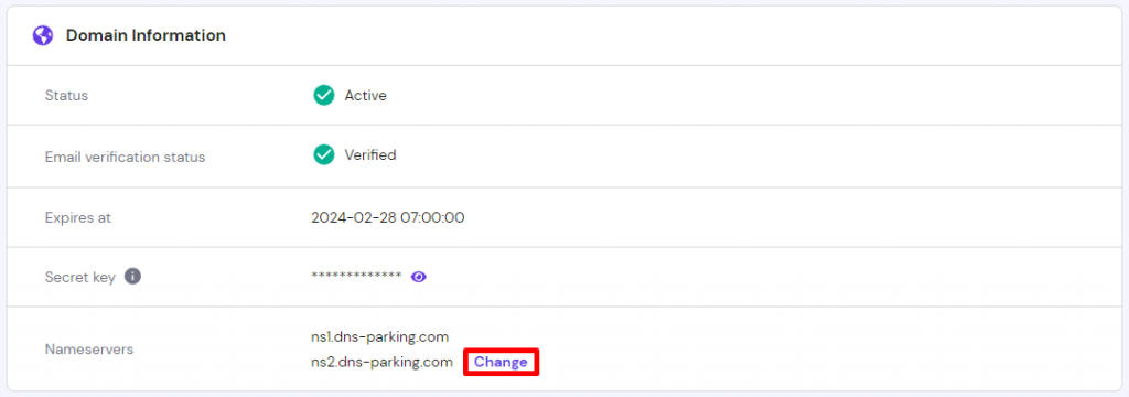 the Domain Information section on hPanel with highlighted Change button