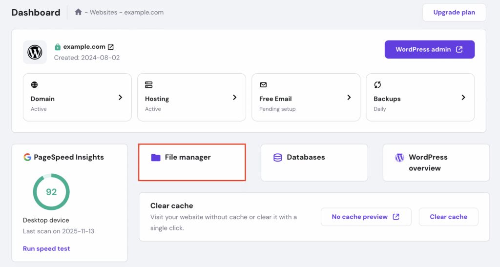 hPanel dashboard showing Websites page with File Manager option highlighted