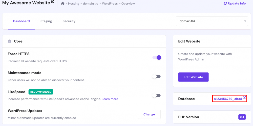 The WordPress overview page on hPanel. The database name is highlighted