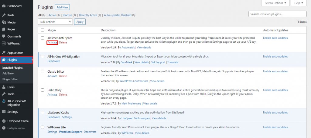 Screenshot demonstrating how to activate a pre-installed plugin