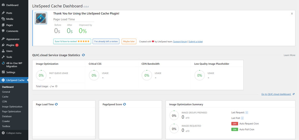 Litespeed cache dashboard on wordpress