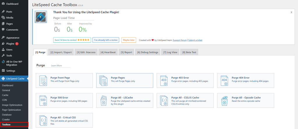 litespeed cache toolbox window