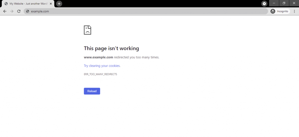 Google Chrome err_too_many_redirects error message.