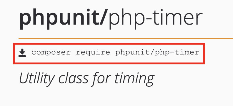 php-timer package information window. Red border indicates the command that is needed to be used in the terminal or command prompt