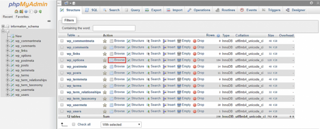 phpMyAdmin -  Browse next to the wp_options table
