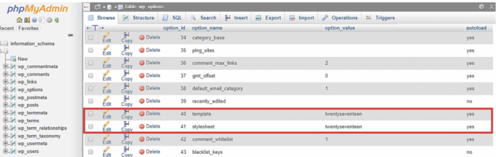 phpMyAdmin, locating the template and stylesheet rows, then rename the values to twentyseventeen by double-clicking the current theme name.