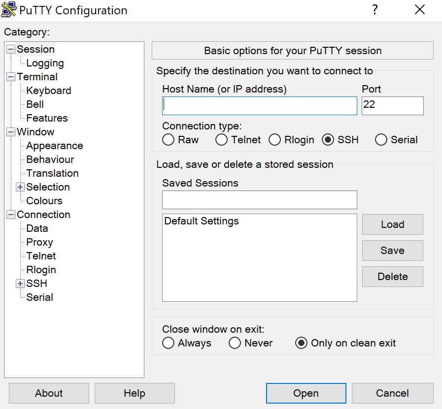 The main menu of PuTTY SSH client