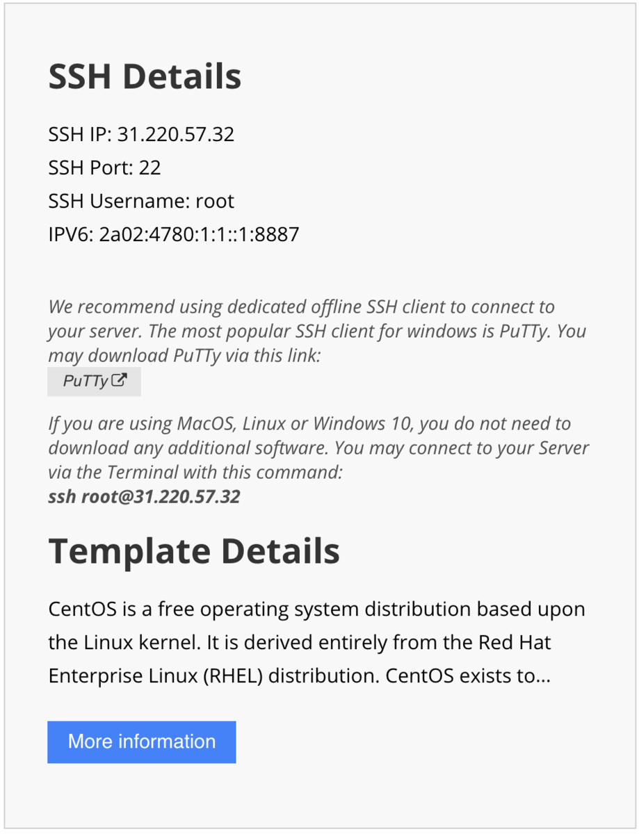server section showing the ssh details for username and port