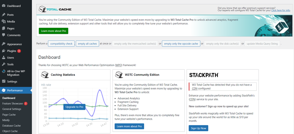 total cache dashboard on wordpress