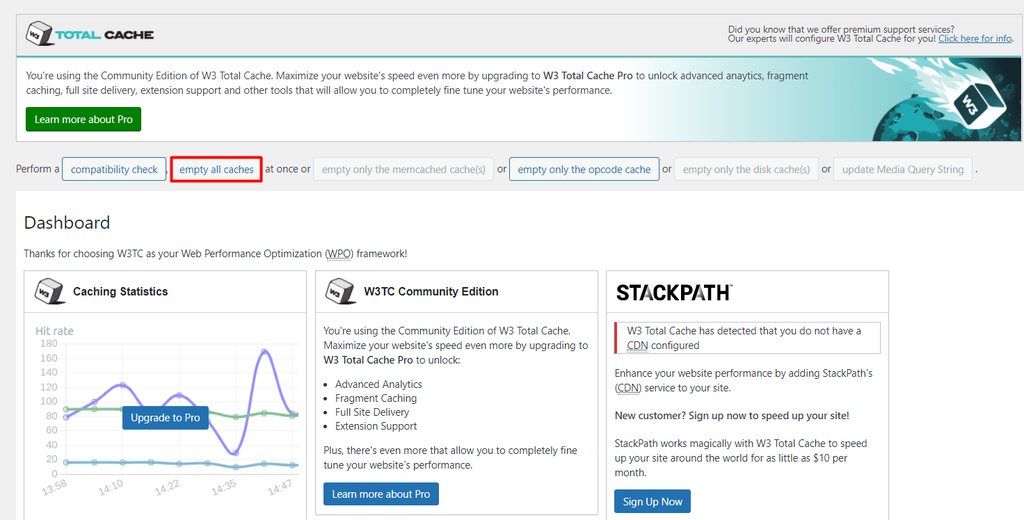 total cache dashboard on wordpress