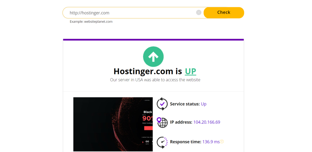 hostinger site's uptime result from website planet