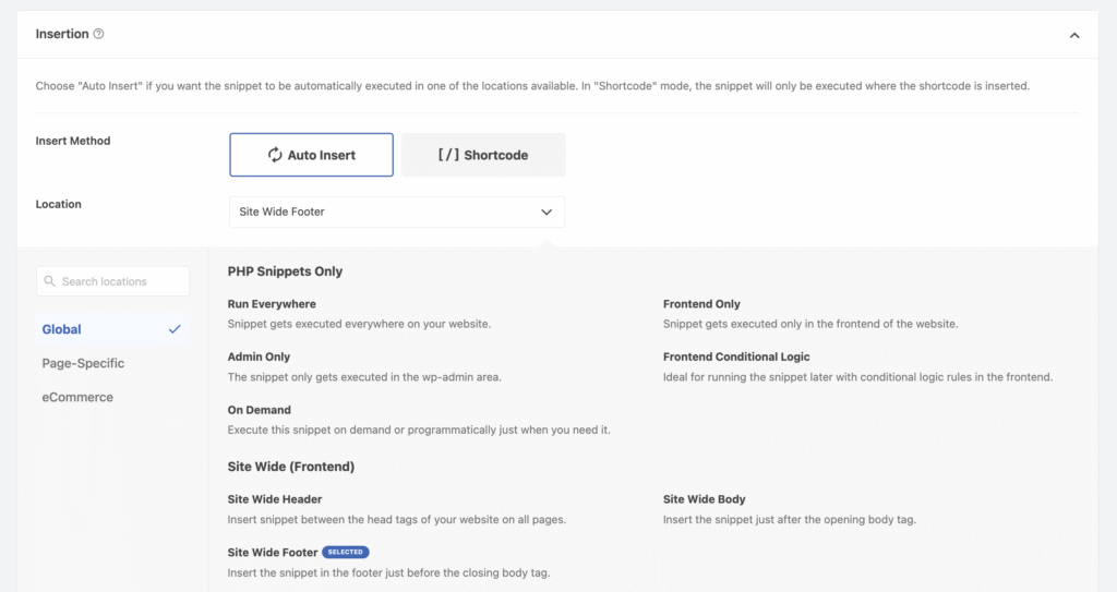 WPCode Insertion settings with Auto Insert and Site Wide Footer selected