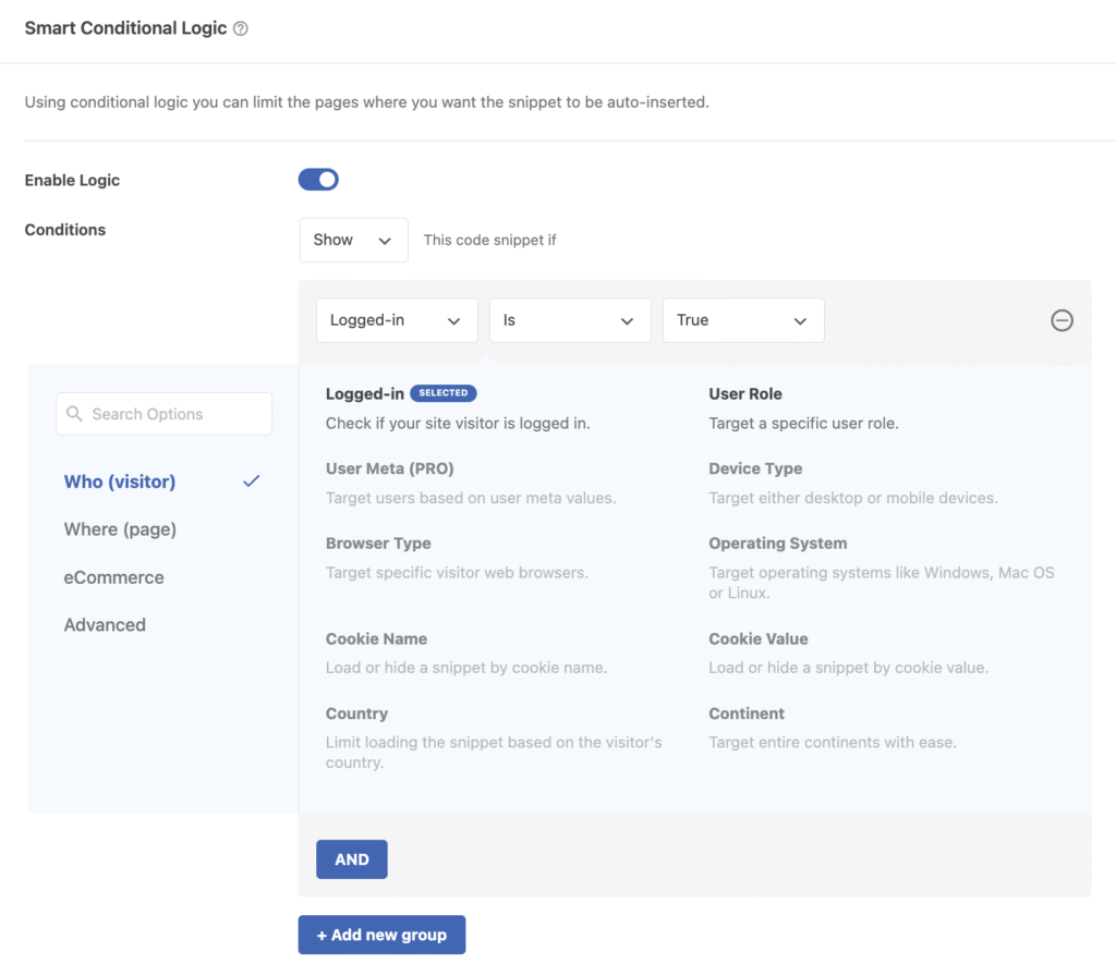 WPCode conditional logic settings with logged-in user rule selected