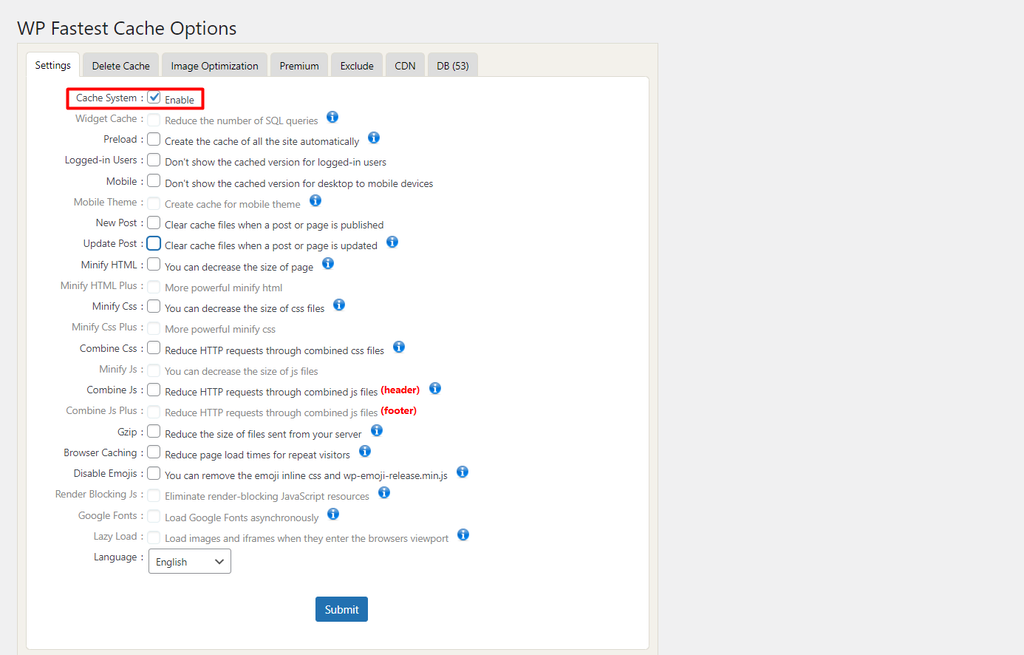 enable wp fastest cache on wordpress