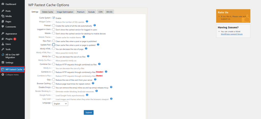 wp fastest cache options page on wordpress dashboard 