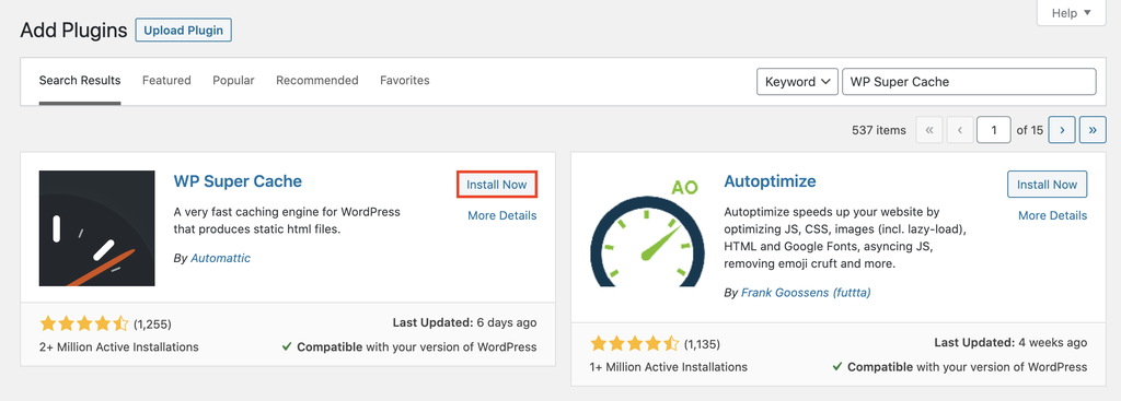 searching for the wp super cache plugin and clicking on install