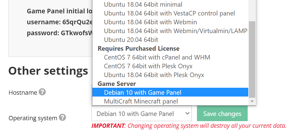 Selezione dell'opzione Debian 10 con Pannello di gioco in hPanel.