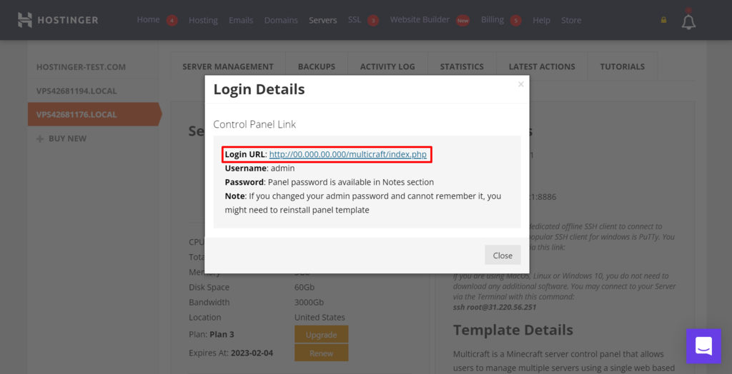 Anteprima dei dati di accesso del pannello di gioco in hPanel.