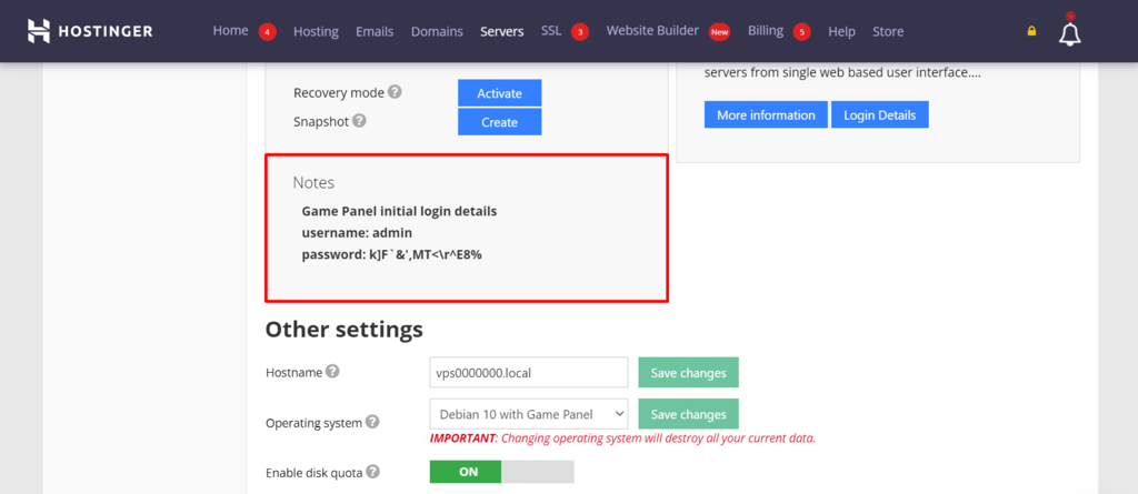 Nome utente e password del pannello di gioco.