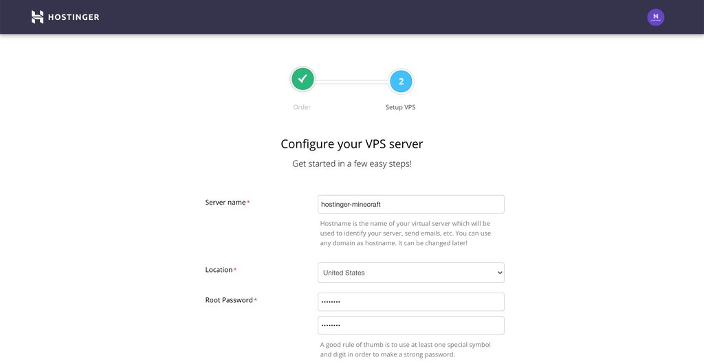 Configuring a new Minecraft VPS server in hPanel.