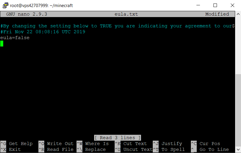 Minecraft's EULA file is initially set to false
