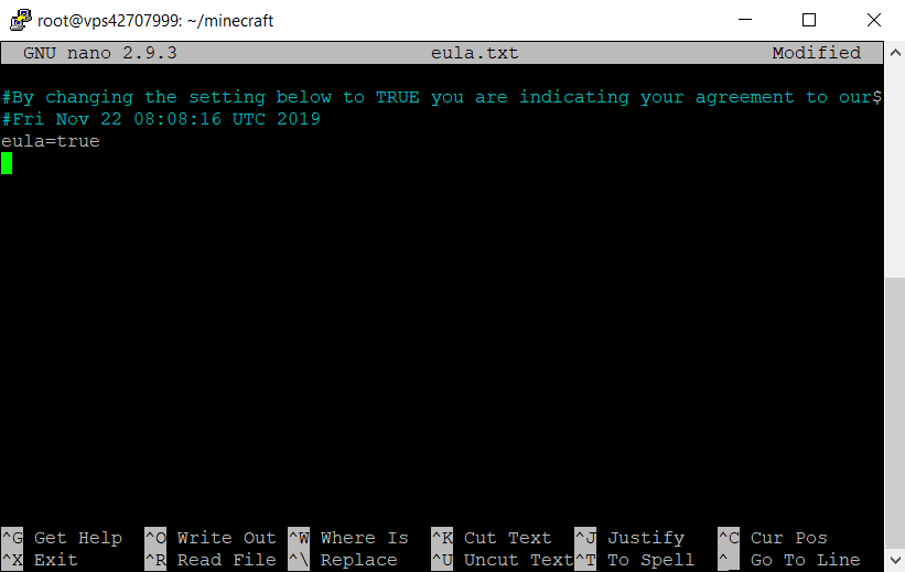 Minecraft EULA is set to true to start Minecraft server installation