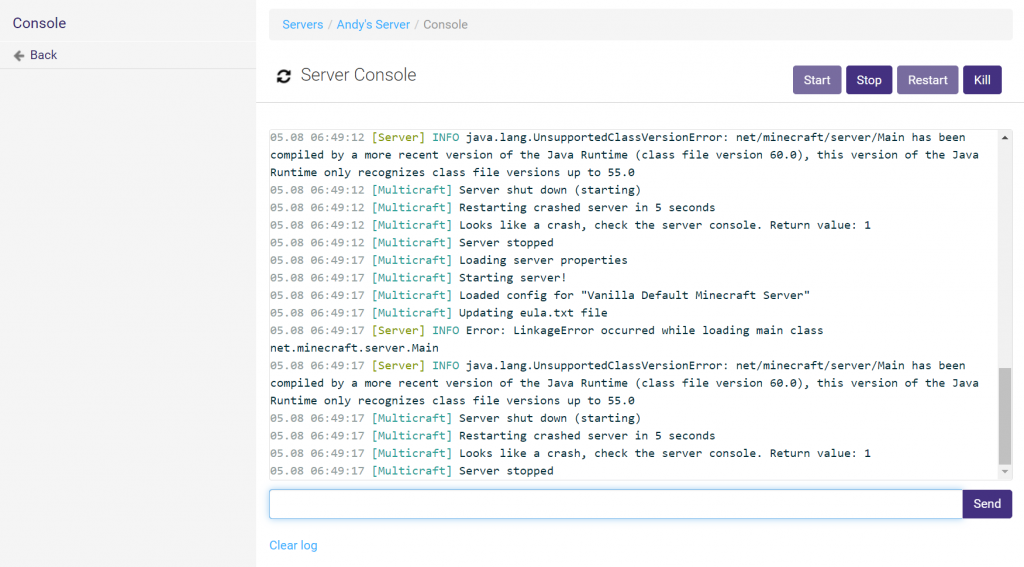 MultiCraft console window.